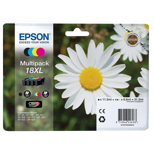 Epson 18XL Inkjet Cartridges High Capacity 31.3ml Black, Cyan, Magenta and Yellow