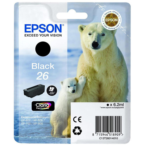 Epson T2601 26 Inkjet Cartridge Polar Bear Capacity 6.2ml Black