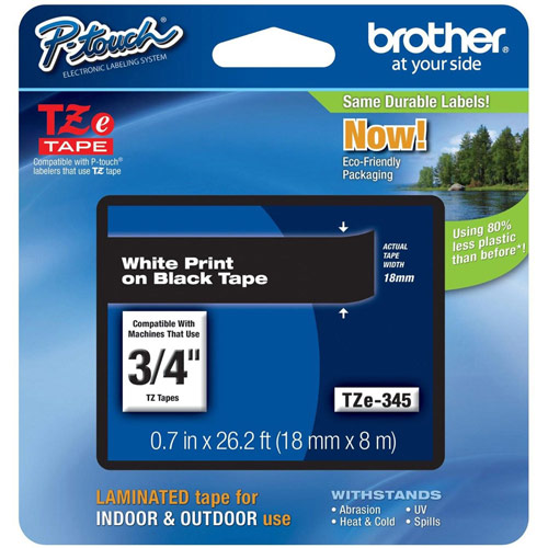 Brother TZE345 White on Black 18mm gloss tape