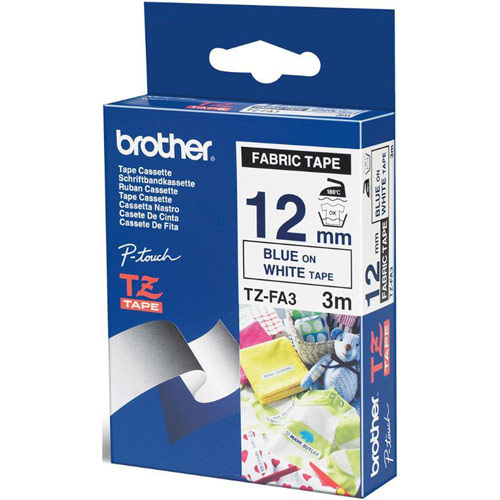 Brother TZEFA3 Blue on White 12mm fabric tape