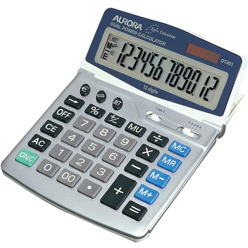Aurora Calculator Euro Desktop Battery/Solar-power 12 Digit 4 Key Memory 165x228x32mm