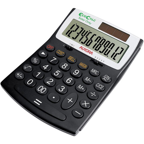 Aurora EcoCalc Calculator Desktop Large Recycled Solar and Battery Power 12 Digit 3 Key Memory