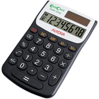 Aurora EcoCalc Calculator Handheld Recycled Solar Power 8 Digit 4 Key Memory